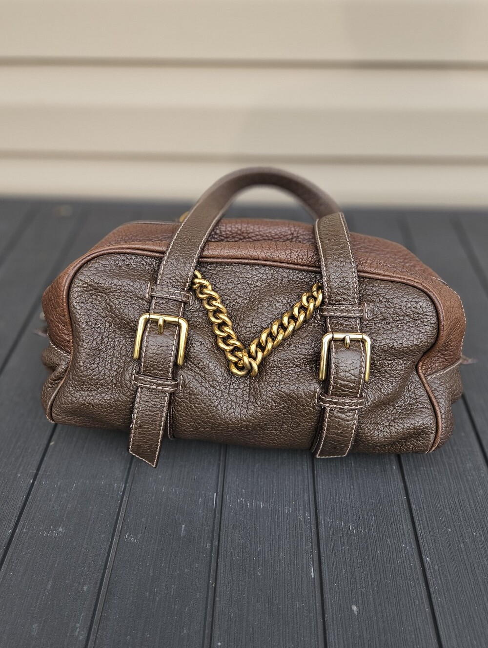 Dolce & Gabbana Brown Pebbled Leather Gold Chain Satchel Handbag